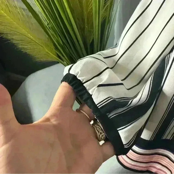 Beige By ECI Women’s Large Striped V Neck Tunic Long Sleeves Tassel Blouse - Picture 6 of 12